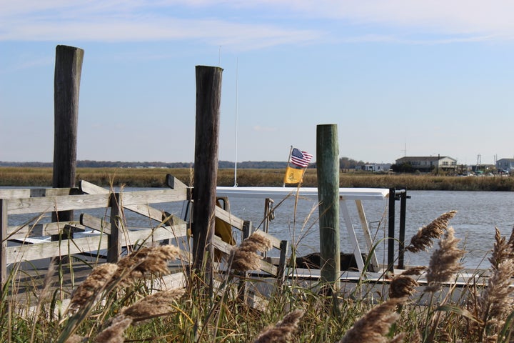 A Gadsden flag flies under an American flag on a boat docked at Money Island.