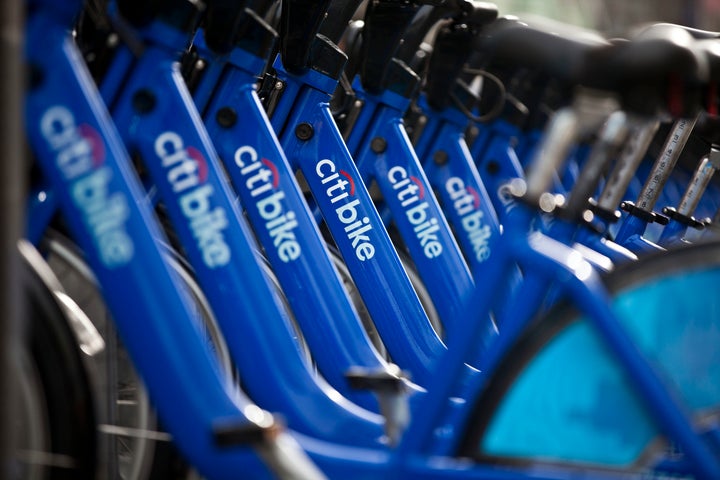 A row of Citibikes stationed at downtown bike-sharing location in New York City.