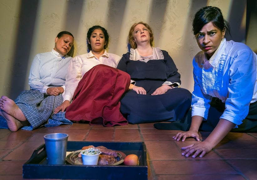 Nicol Foster, Regina Morones, Gwen Loeb, and Radhika Rao in the hunger strike scene from <strong><em>Strange Ladies</em></str