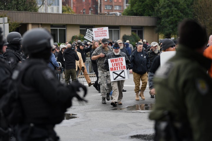 Protesters arrive at a "White Lives Matter" rally in Shelbyville, Tennessee, on Saturday