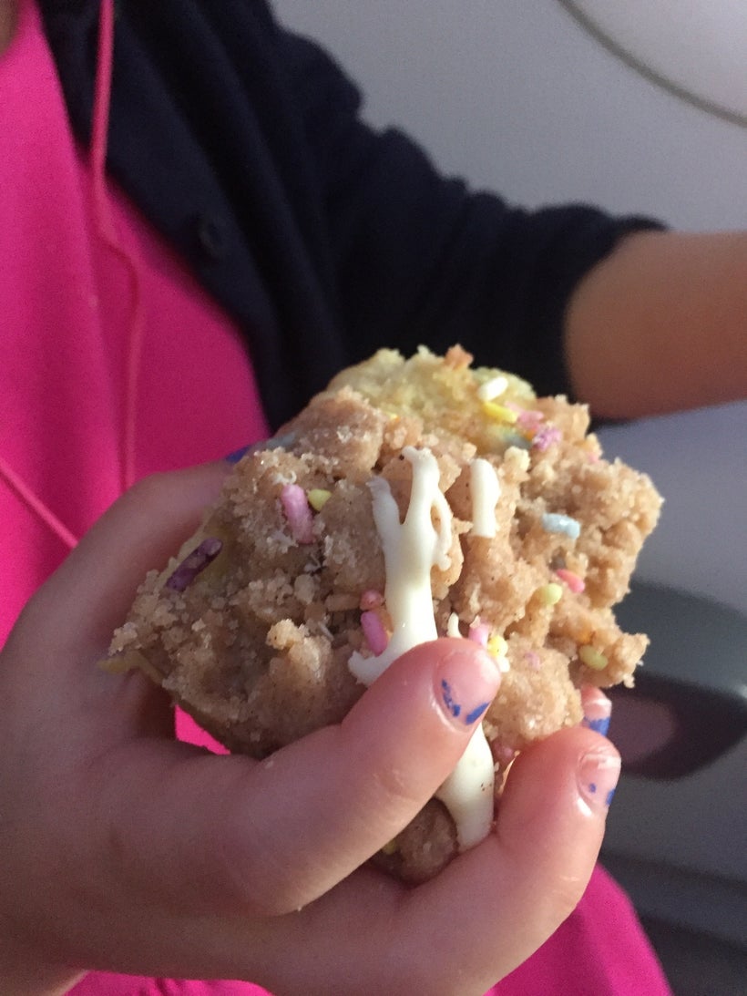 Speaking of eating, this is my go-to playdate snack, a Nene’s Treats birthday crumb cake (www.nenestreats.com).