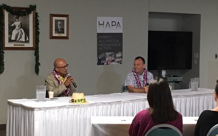 <em>Senator Josh Green traded his scrubs for an aloha shirt just before the Forum began. Senator Espero provided a practical