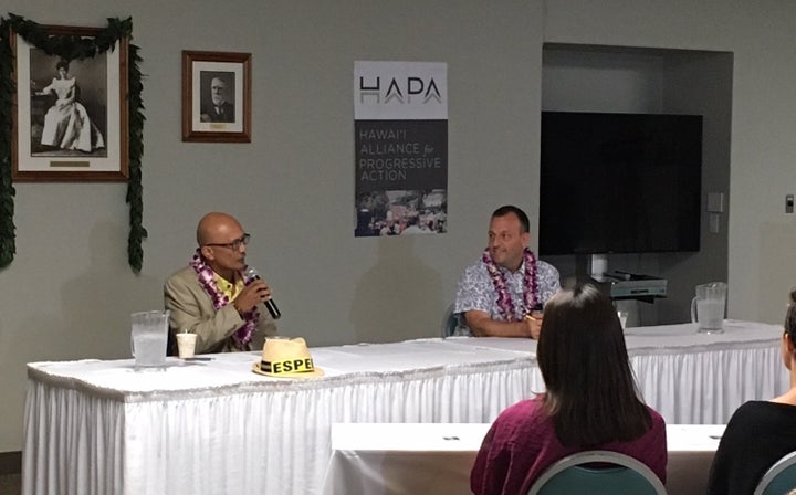 Senator Josh Green traded his scrubs for an aloha shirt just before the Forum began. Senator Espero provided a practical lesson in how to drive your name home to voters.