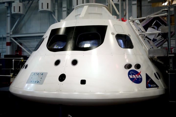 A mockup of the Orion crew capsule at NASA’s Johnson Space Center Space Vehicle Mockup Facility.