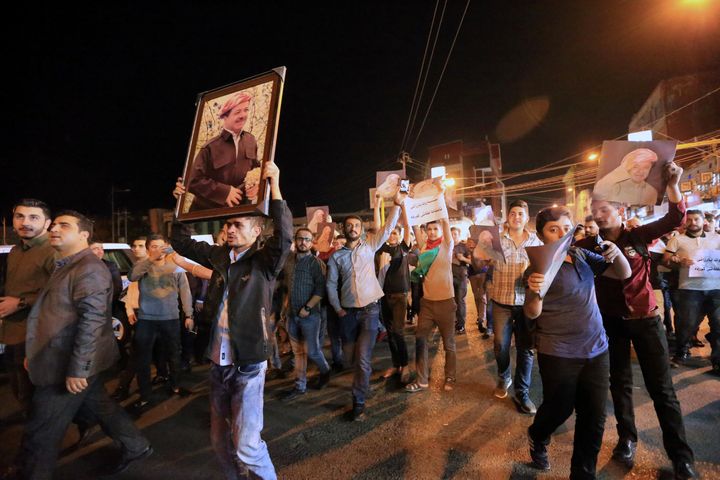 Demonstrators gather in the streets in support of Kurdish president Masoud Barzani in Duhok, Iraq October 29, 2017.