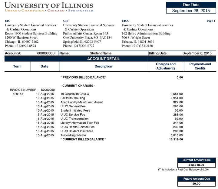 A typical in-state student invoice, 2015-16