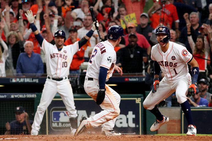 The Houston Astros celebrate during game five of the 2017 World Series against the Los Angeles Dodgers.