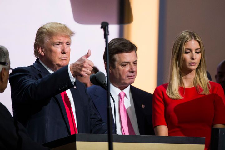 Donald Trump (L), Paul Manafort (C) and Ivanka Trump (R) at the Republican Convention in July of last year.