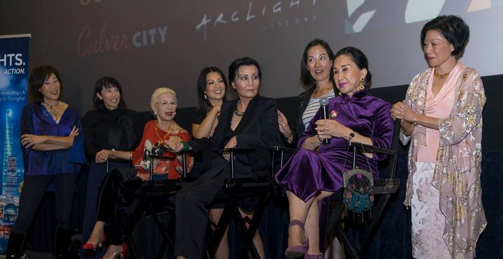 The Joy Luck Club panel, October 29, 2017 at The Asian World Film Festival, Archlight Cinemas, Culver City. From left to right: Janet Yang, Lauren Tom, France Nuyen, Ming Na Wen, Kieu Chinh, Rosalind Chao, Lucille Soong, Elizabeth Sung