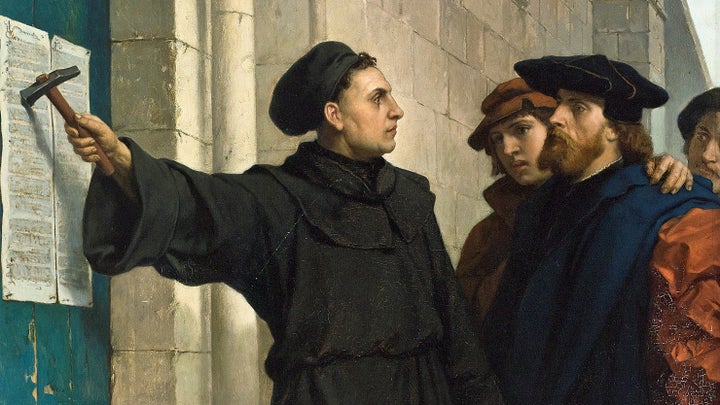 <p>Martin Luther nailing his 95 Theses to the All Saints’ Church door on October 31, 1517.</p>