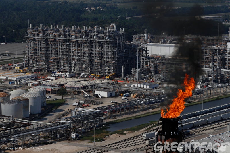 A flare burns at an oil refinery in Baytown, Texas more than a week after Hurricane Harvey ravaged the area. <a rel="nofollow