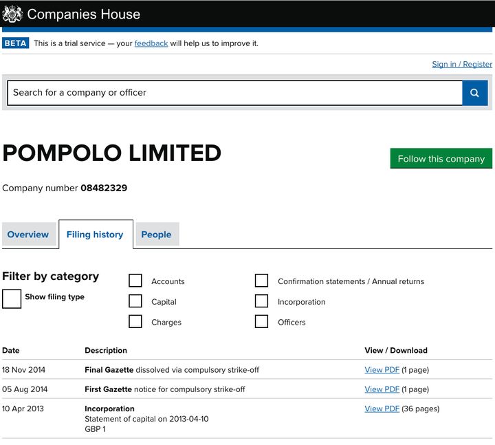 Pompolo Limited's filing with Companies House.