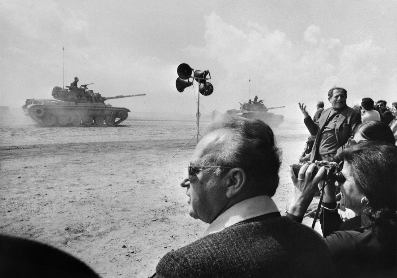 Israeli Prime Minister Yitzhak Rabin, attends an army parade at Mitla Pass in the Sinai of Egypt on March 3, 1975. The event too place on the site of major battles between the militaries of Egypt and Israel.