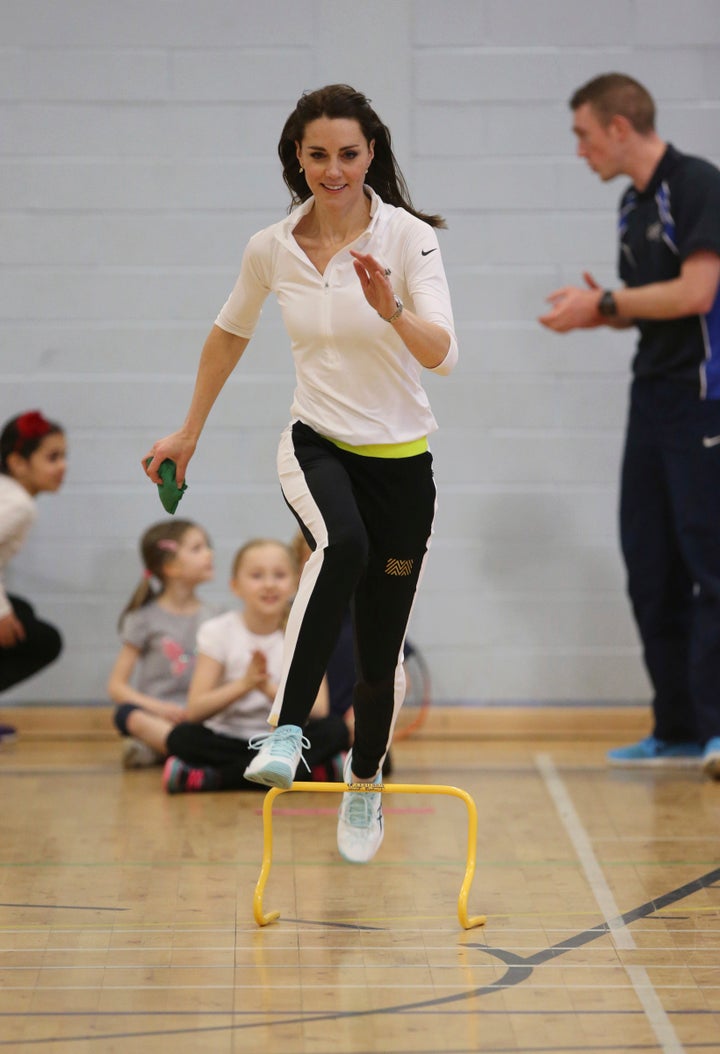 The Duchess of Cambridge takes part in a tennis workshop at Craigmount High School in Edinburgh, Scotland, Britain on Feb. 24, 2016.