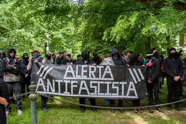 Members of the Antifa group at the counter protests to a pro-Trump rally in downtown Portland on June 4, 2017.