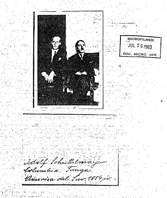This photograph purportedly showing former German SS trooper Phillip Citroen and an individual named as Adolf Schrittelmayor was supplied with the memo 