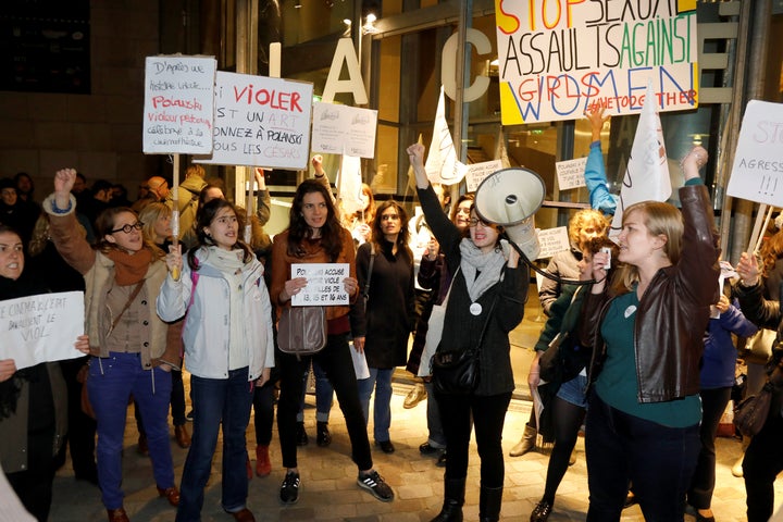 Feminist protesters gather outside the Cinémathèque Française to demonstrate upon the appearance of dire