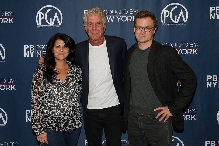  Lydia Tenaglia (Left) Anthony Bourdain, and Patrick Radden Keefe at 2017 PGA Produced By: New York at 1 Time Warner Center on Saturday, Oct. 28, 2017, in New York. 