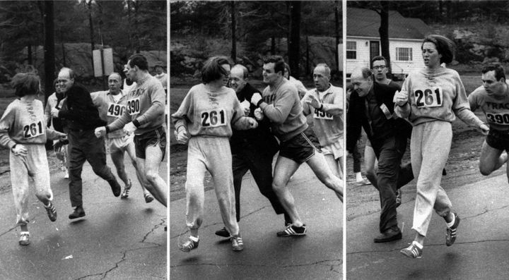 <p>Kathrine Switzer in 1967 Boston Marathon</p>