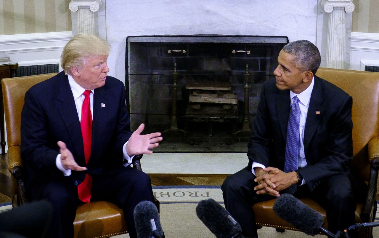 U.S. President Barack Obama listens as U.S. President-elect Donald Trump in the Oval Office of the White House on Thursday, Nov. 10, 2016. 