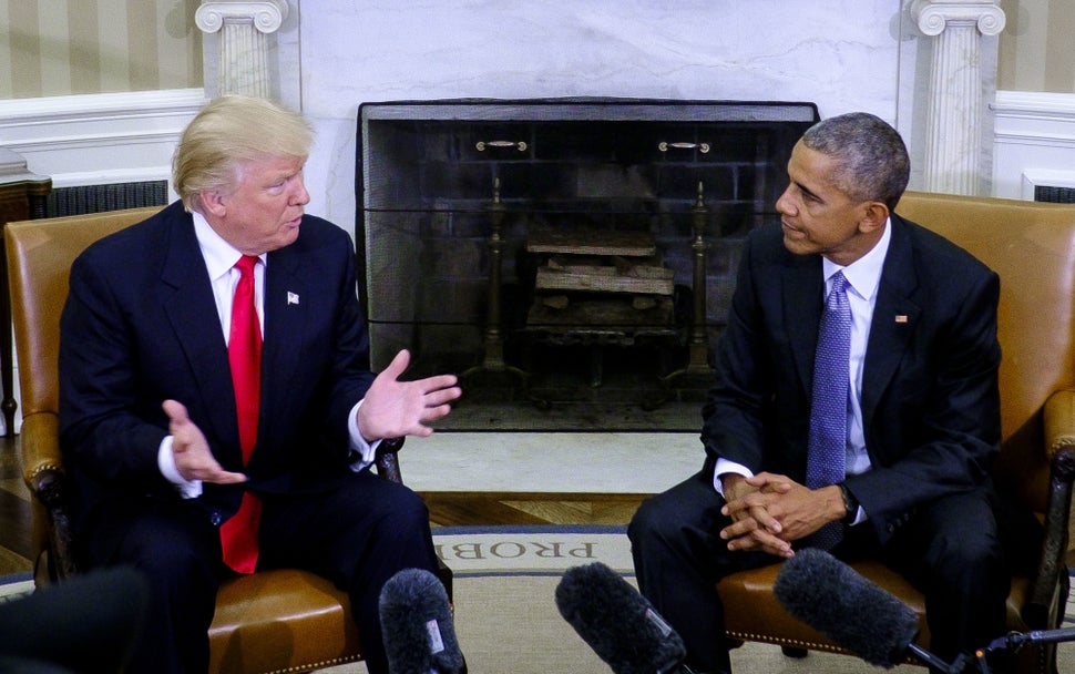 U.S. President Barack Obama listens as U.S. President-elect Donald Trump in the Oval Office of the White House on Thursday, N