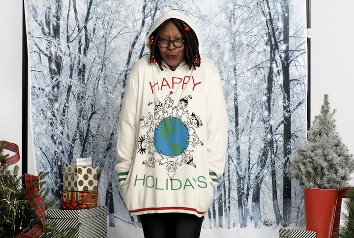 Whoopi Goldberg modeling one of her holiday sweaters. 