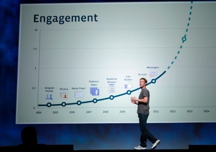 Facebook CEO Mark Zuckerberg stands in front of a slide boasting about user engagement during his address at the company's 2011 developers conference.