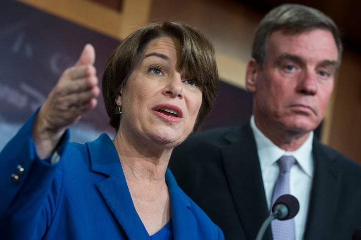 Sens. Amy Klobuchar, D-Minn., and Mark Warner, D-Va., conduct a news conference on the Honest Ads Act