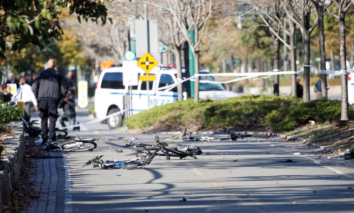 Multiple crushed bikes along a bike path in lower Manhattan on Tuesday.