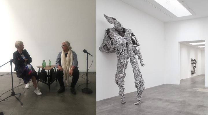 L: Curator Helen Molesworth and artist Lynda Benglis in discussion at Blum & Poe Los Angeles. October 2017. R: Installation view, Lynda Benglis, Blum & Poe Los Angeles. Photos by Edward Goldman. 
