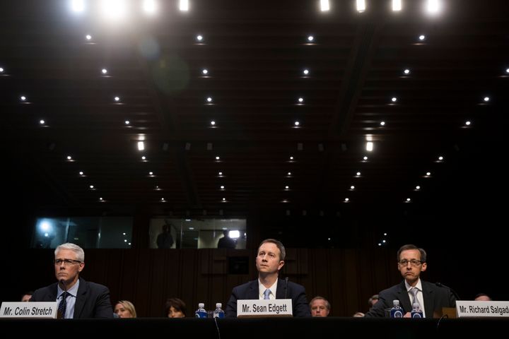 Colin Stretch, general counsel at Facebook, Sean Edgett, acting general counsel at Twitter, and Richard Salgado, director of law enforcement and information security at Google, testify during a Senate Judiciary Subcommittee on Crime and Terrorism hearing.