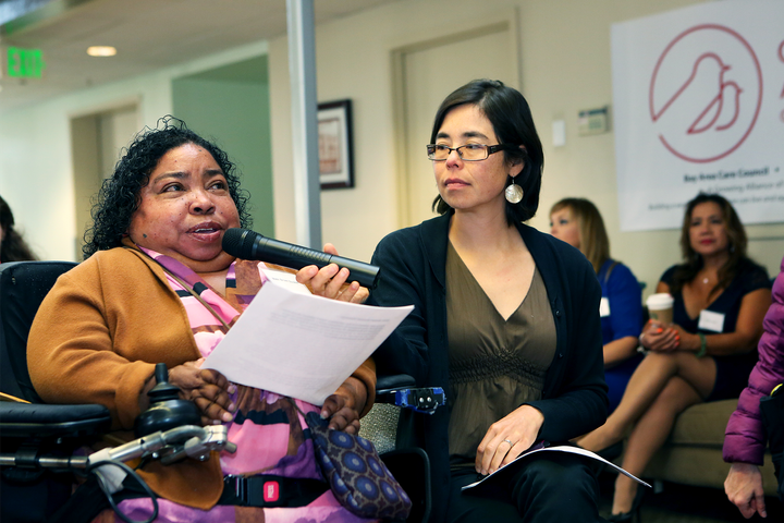 Disability activist Nikki Brown-Booker shares her story with California lawmakers at a Care Agenda event at UDW’s offices in Sacramento, CA. 