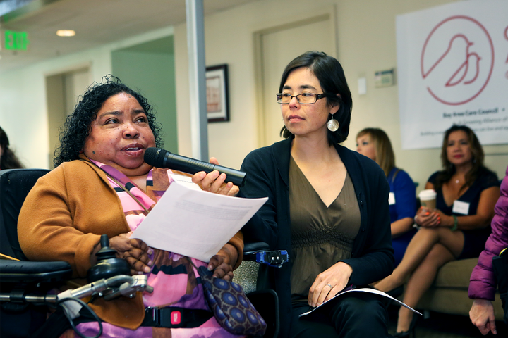<p>Disability activist Nikki Brown-Booker shares her story with California lawmakers at a Care Agenda event at UDW’s offices in Sacramento, CA. </p>