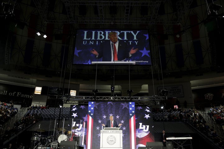 Donald Trump (then a candidate for the presidency) speaks at Liberty University in Lynchburg, Virginia, January 18, 2016. 