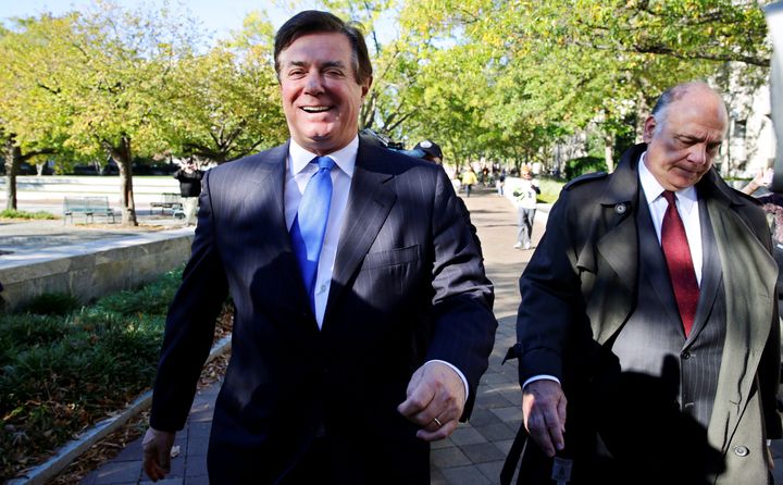 Paul Manafort looking chipper as he leaves court on Monday.