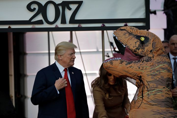 Trump encounters a dinosaur at the White House yesterday.
