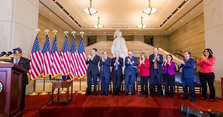 <p>Mr. Celestino Almeda, 100 year old Filipino WWII Veteran, earning a standing ovation from Members of the Senate and House of Representatives and a packed Emancipation Hall</p>