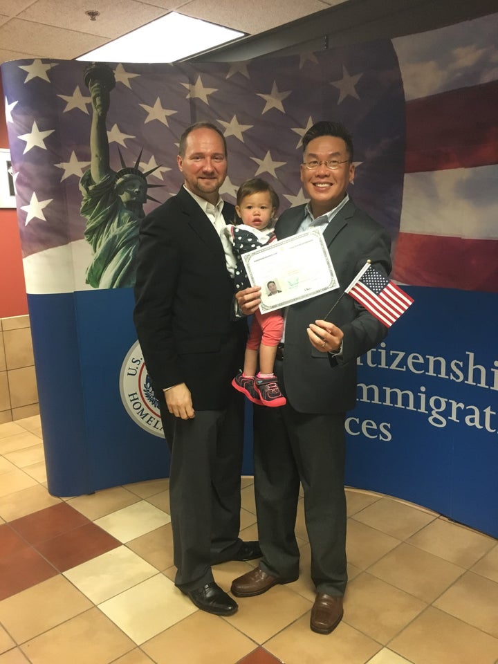 <p>(L-R) Dennis, Ava, and Alex celebrating Alex’s naturalization</p>