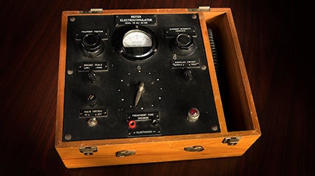 <p><strong>From the Archives: </strong>This device was used in early delivery of electroconvulsive therapy. Modern ECT devices utilize cutting-edge technology and the latest in health care advances.</p>