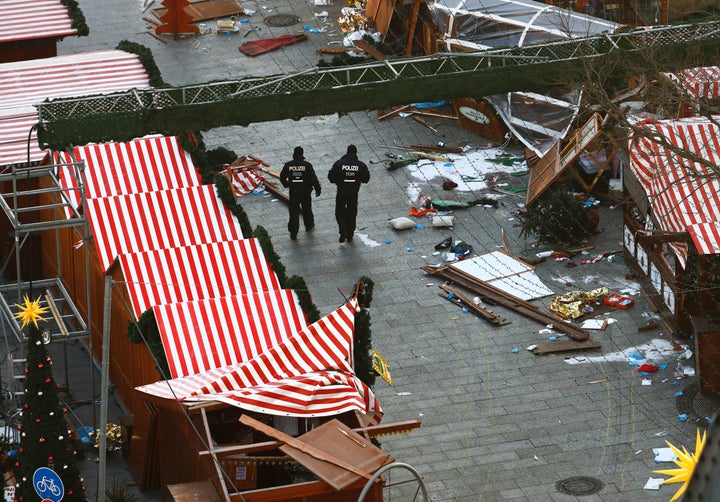 Police patrol the Christmas market area targeted by a truck attack in Berlin on Dec. 21, 2016.