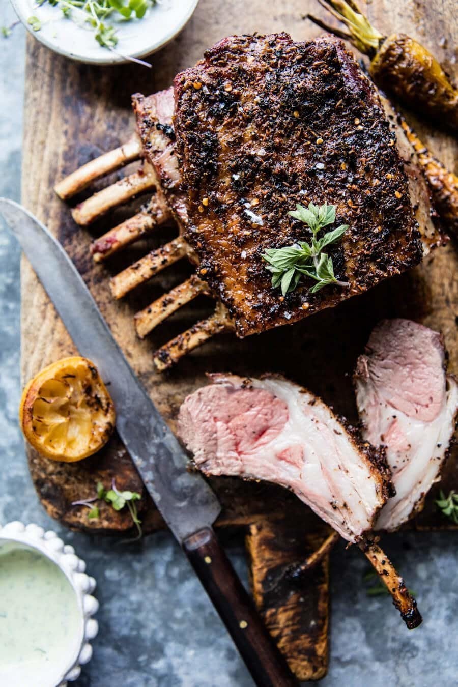 Roasted Rack of Lamb with Basil Goat Cheese Sauce