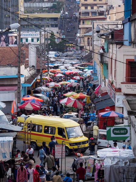 Crowded streets and buses in Antananarivo allow the airborne pneumonic plague to spread quickly.