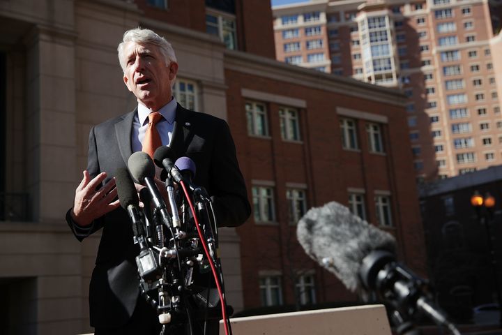 Virginia Attorney General Mark Herring speaks to members of the media after a hearing February 10, 2017 in front of a U.S. District Court in Alexandria, Virginia.