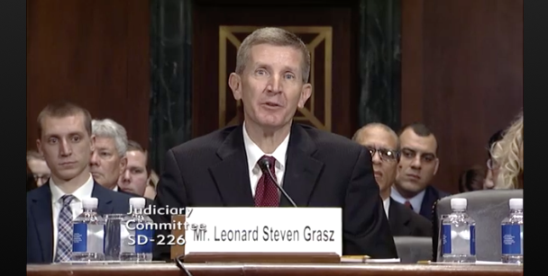 Here's Leonard Steven Grasz in his confirmation hearing, listening to Democratic senators read aloud...
