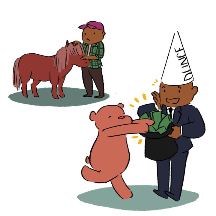 Brendan the Tax Bear from the People’s Tax Page stuffs Rich Kid’s top hat with money, while Not-Rich Kid wistfully considers owning a pony