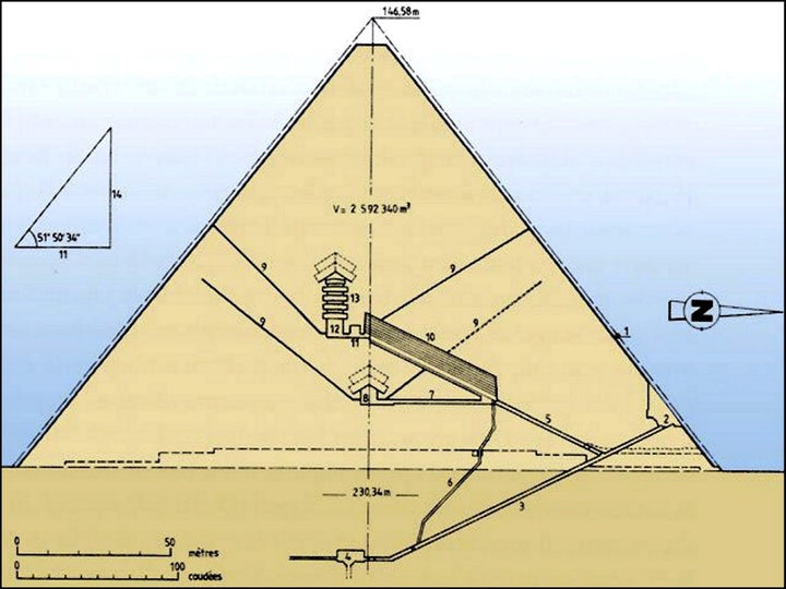 The Grand Gallery, identified with the number 10, is seen sloping between the King’s Chamber (number 12) and the smaller Queen’s Chamber (number 8). The void was detected directly above the Grand Gallery.