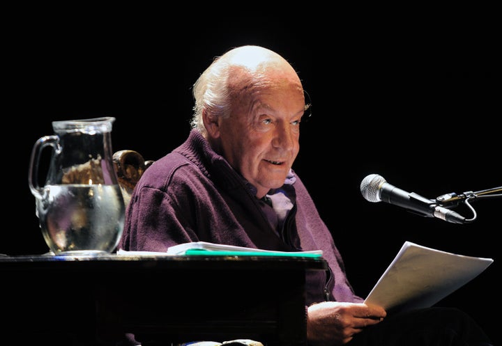 Uruguayan writer Eduardo Galeano reads at the Solis Theater in Montevideo on April 3, 2012.