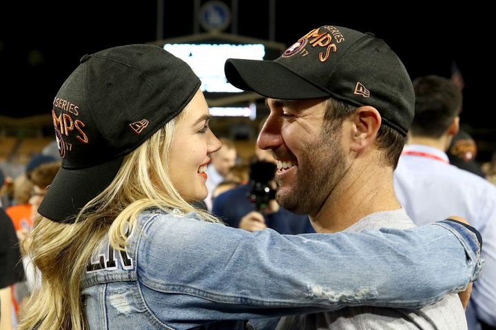 Upton and Verlander celebrate after the Astros defeated the Dodgers 5-1 in game seven of the 2017 World Series. 