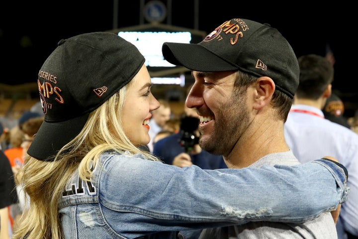 Upton and Verlander celebrate after the Astros defeated the Dodgers 5-1 in game seven of the 2017 World Series. 