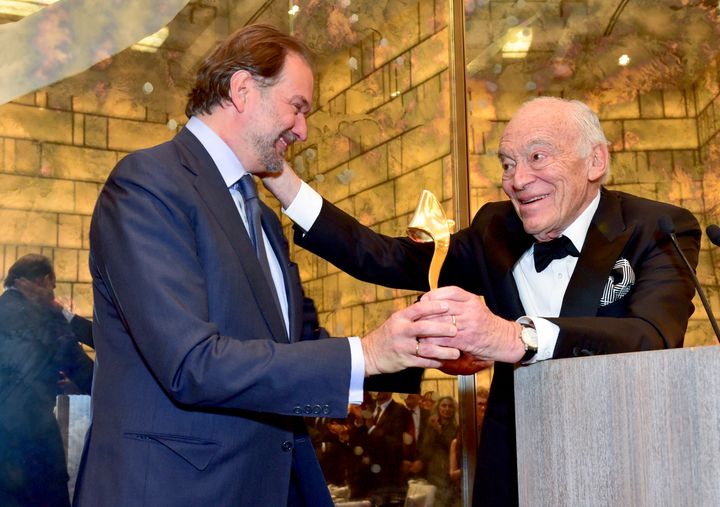 Nicolas Mirzayantz (L) is honored by Leonard Lauder (R), Chairman Emeritus of the Estée Lauder Companies, Inc., at the Fragrance Foundation’s Circle of Champions gala in the Onyx Room at the Park Hyatt New York.